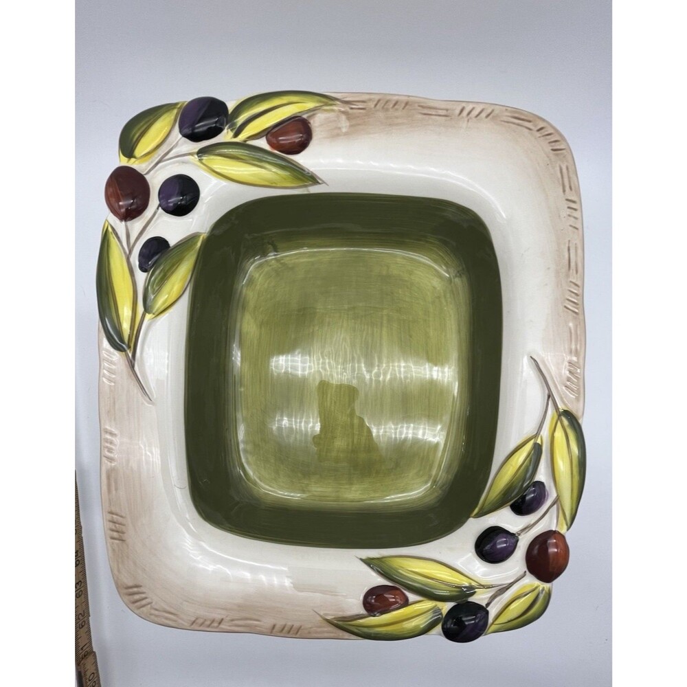 Aurora Ceramic Square Serving Bowl, Hand Painted Olive Pattern